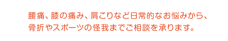 腰痛、膝の痛み、肩こりなど日常的なお悩みから、骨折やスポーツの怪我までご相談を承ります。